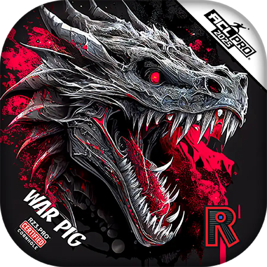 Cornhole bags with Dragon head design with red and black colors on a black background