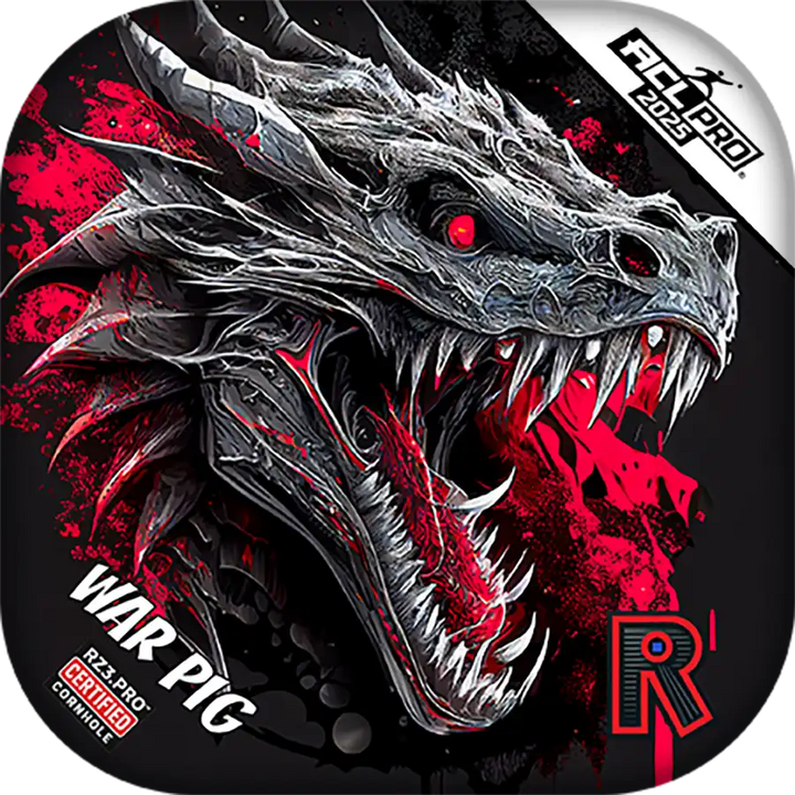 Cornhole bags with Dragon head design with red and black colors on a black background