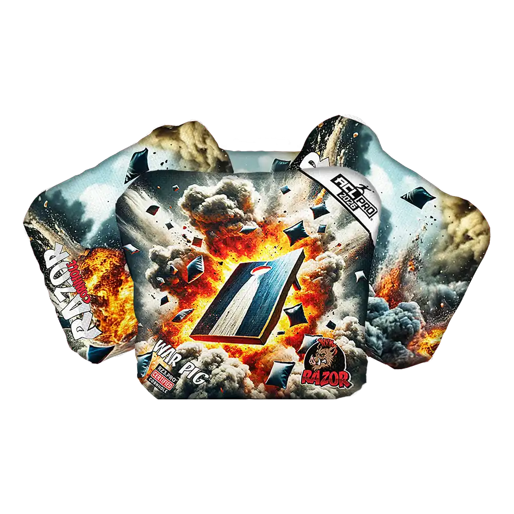 Cornhole bags with fiery explosion design and brand logos on a white background