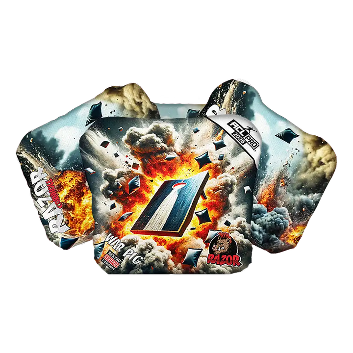 Cornhole bags with fiery explosion design and brand logos on a white background