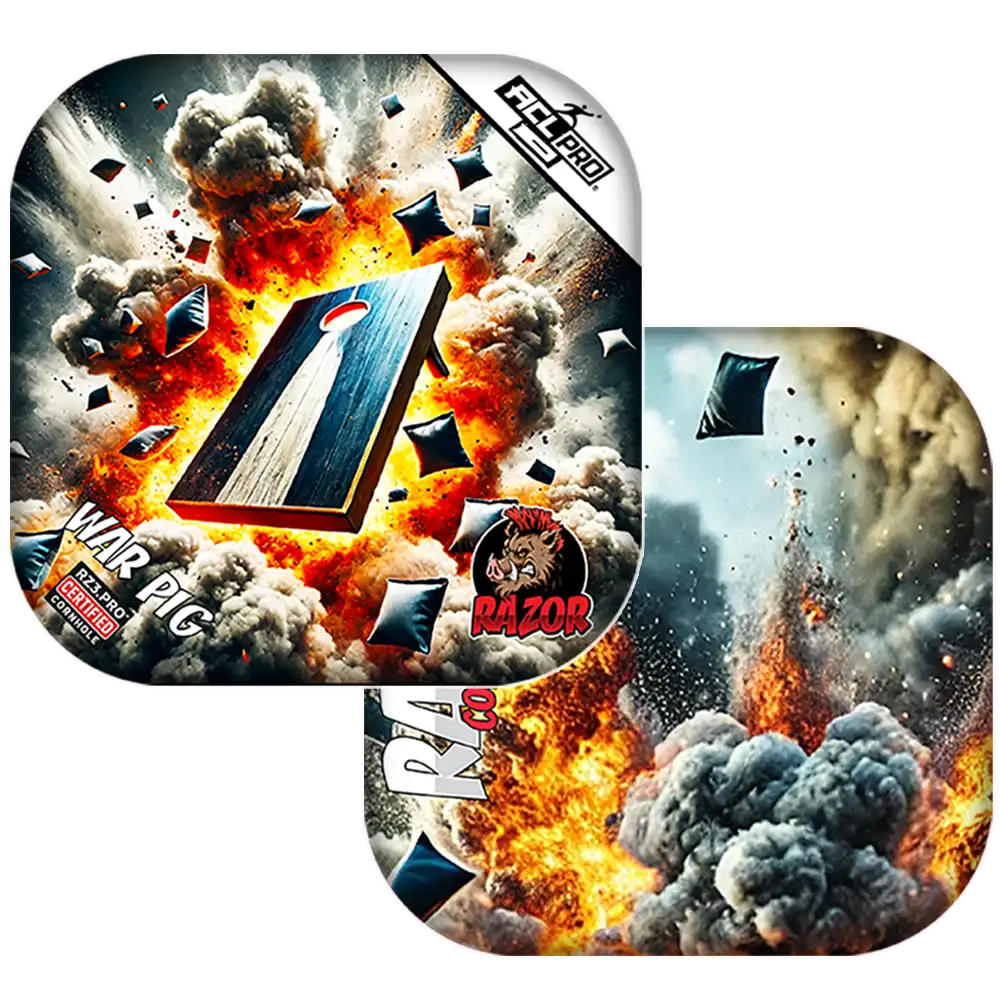 Cornhole bags with explosions and 'Razor' branding on a white background