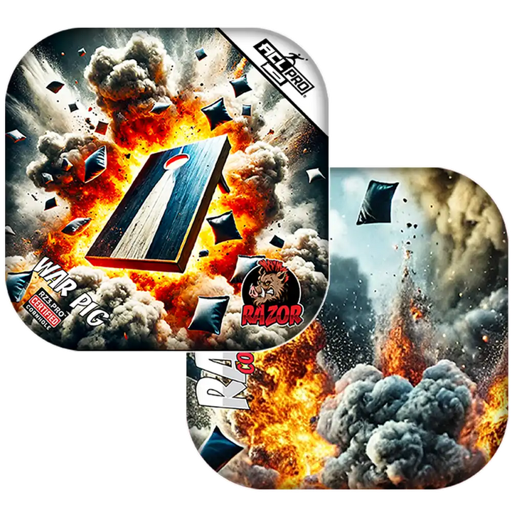 Cornhole bags with explosions and 'Razor' branding on a white background