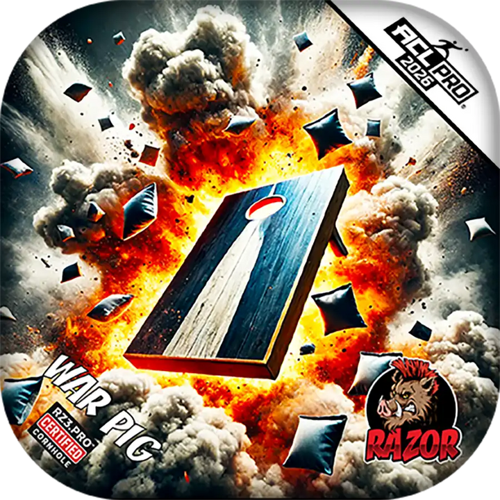 Cornhole bags with explosion effects and brand logos on a dark background