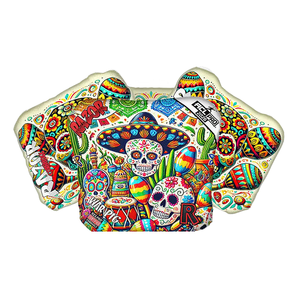 Cornhole bags with a colorful skull and mariachi design on a white background