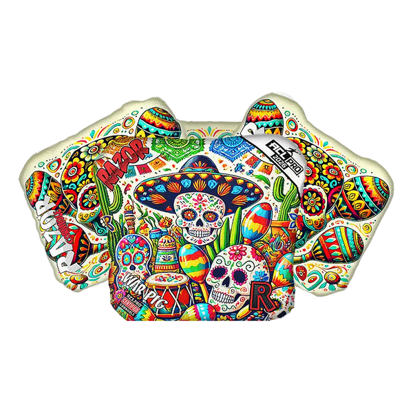 Cornhole bags with a colorful skull and mariachi design on a white background