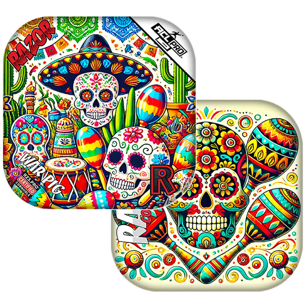 Colorful Cornhole bags with sugar skull design and 'RAZOR' branding on a white background