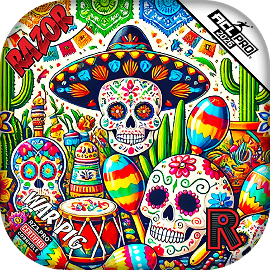 Colorful Cornhole bags with sugar skull designs, maracas, and other festive elements.