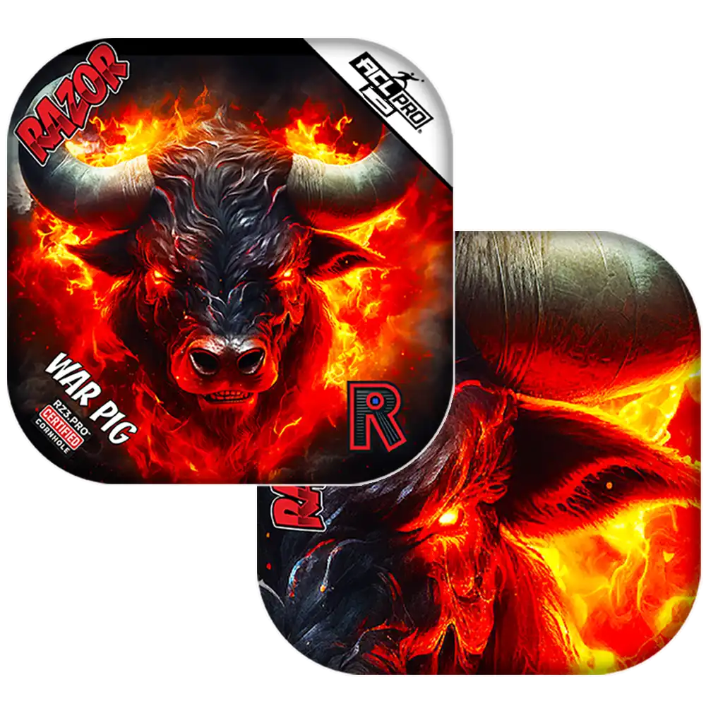 Fire-themed Cornhole bags with a bull design and 'Razor' branding.