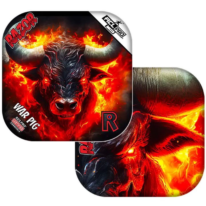 Fire-themed Cornhole bags with a bull design and 'Razor' branding.