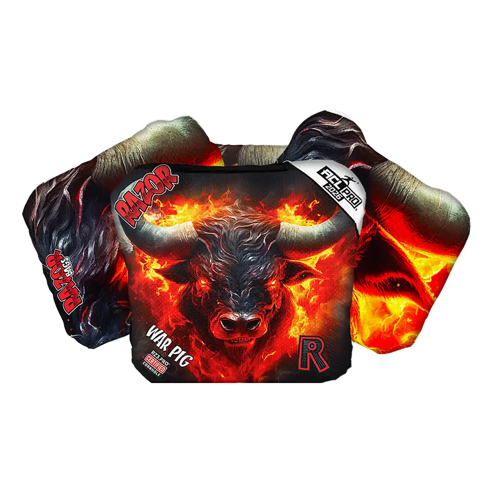 Cornhole bags with a fiery bull design and brand logos on a white background