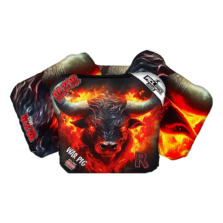 Cornhole bags with a fiery bull design and brand logos on a white background