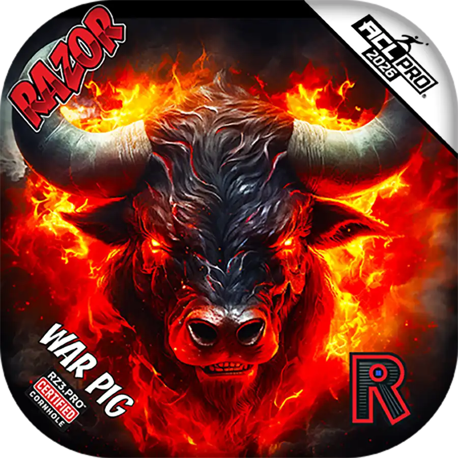 Cornhole bags with a stylized bull head surrounded by flames and branding elements.