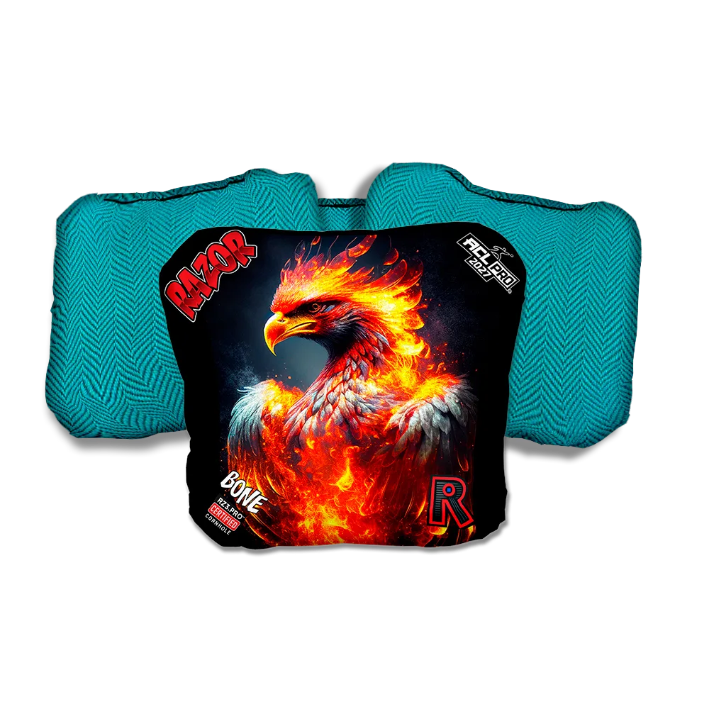 Bone PRO Fire Phoenix Teal Back Cornhole Bags
