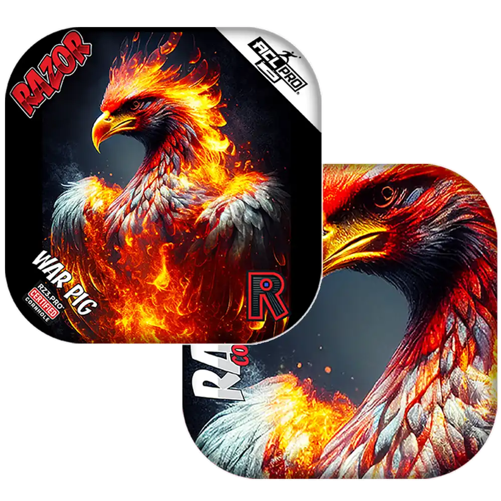 Cornhole bags with fiery phoenix designs with 'Razor' branding on a white background