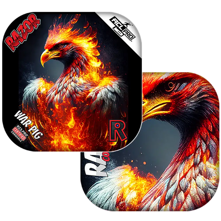 Cornhole bags with fiery phoenix designs with 'Razor' branding on a white background