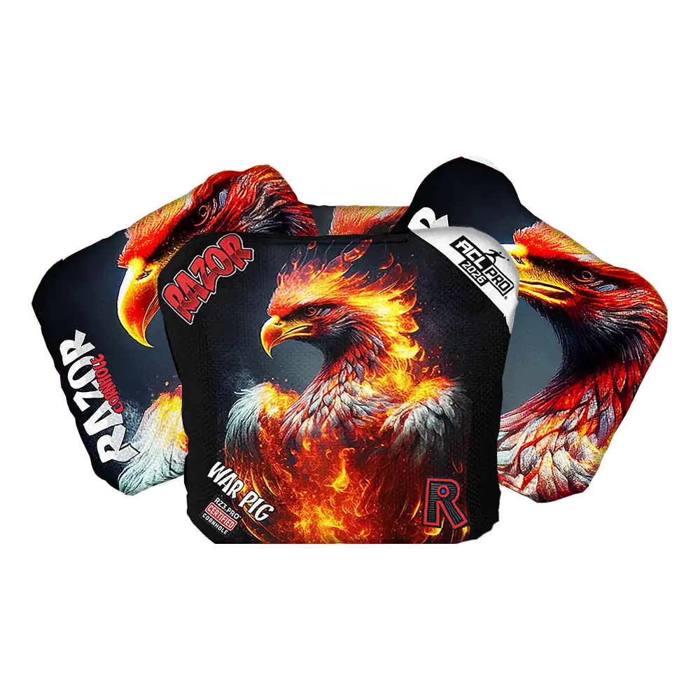 Cornhole bags with fiery eagle design and 'Razor' branding on a white background