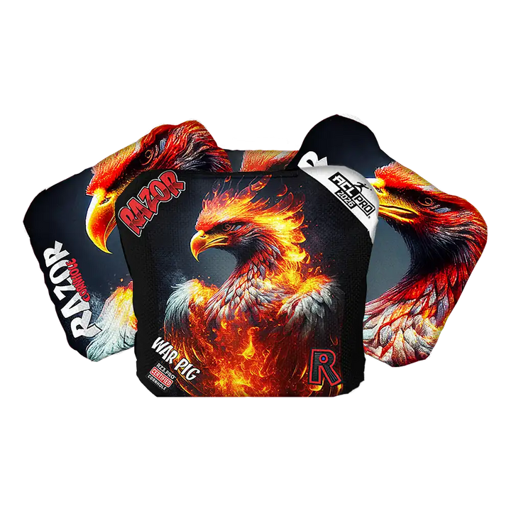 Cornhole bags with fiery eagle design and 'Razor' branding on a white background