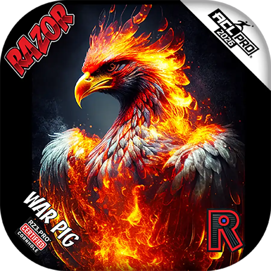 Cornhole bags with a fiery eagle design and Razor branding.