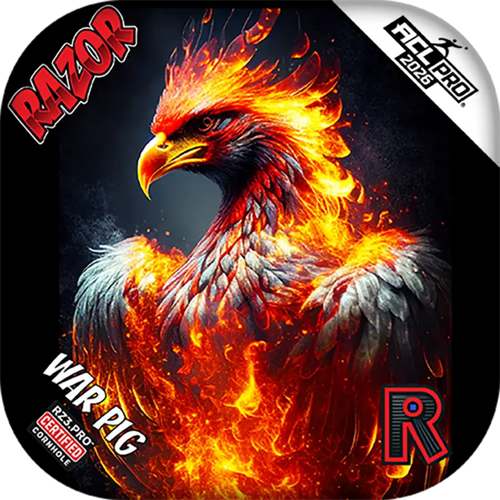 Cornhole bags with a fiery eagle design and Razor branding.