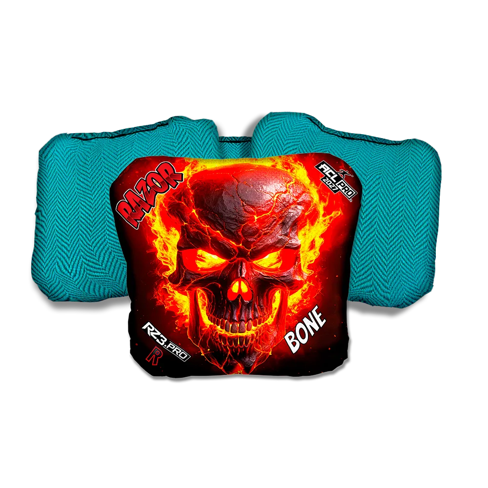 Bone PRO Fire Skull Teal Back Cornhole Bags