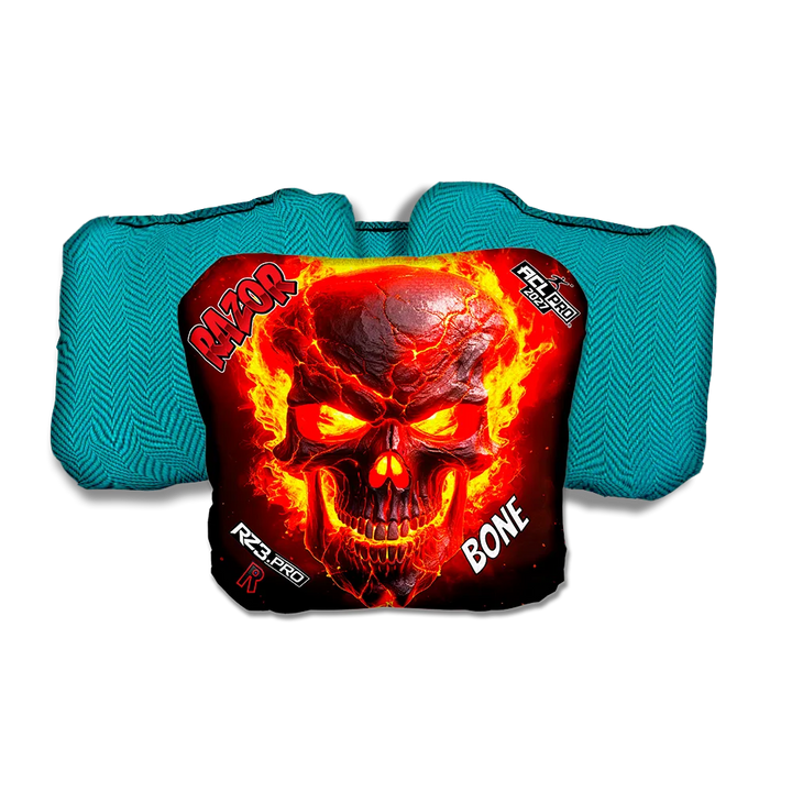 Bone PRO Fire Skull Teal Back Cornhole Bags