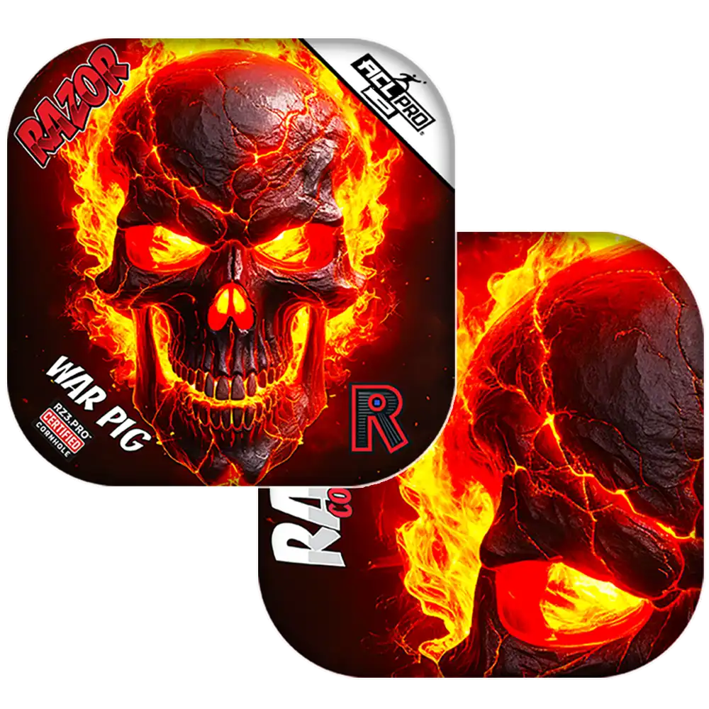 Cornhole bags with fiery skull design and Razor branding