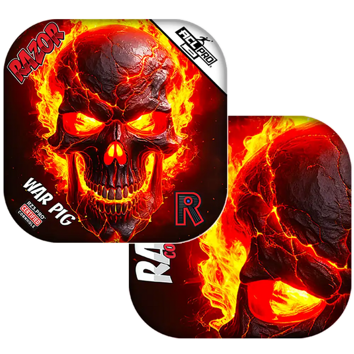 Cornhole bags with fiery skull design and Razor branding