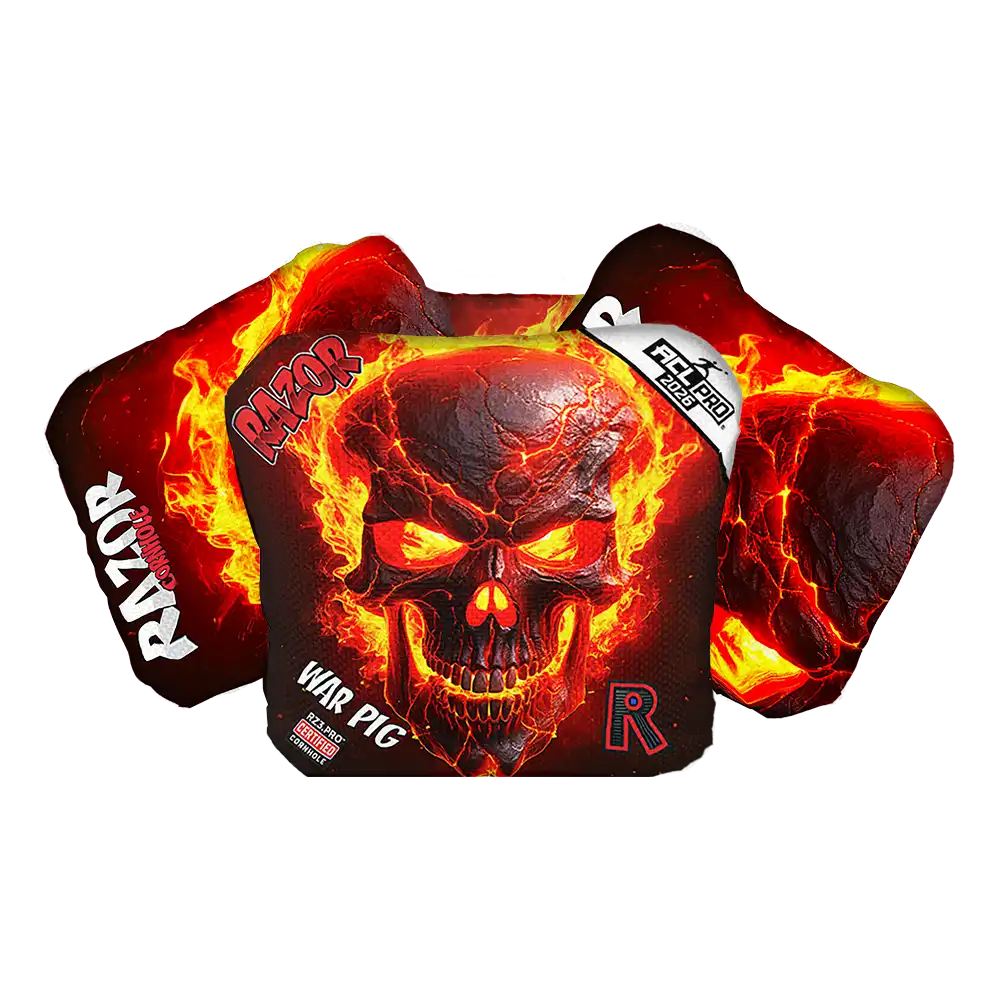 Razor Cornhole bags with fiery skull design on a white background