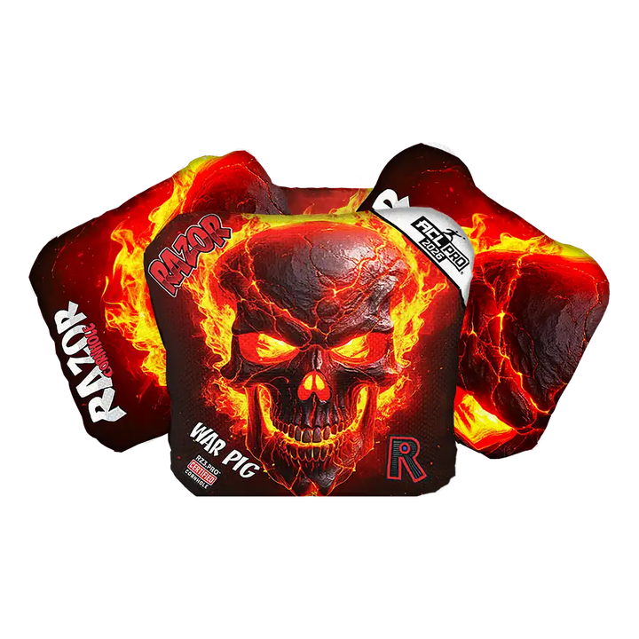 Razor Cornhole bags with fiery skull design on a white background