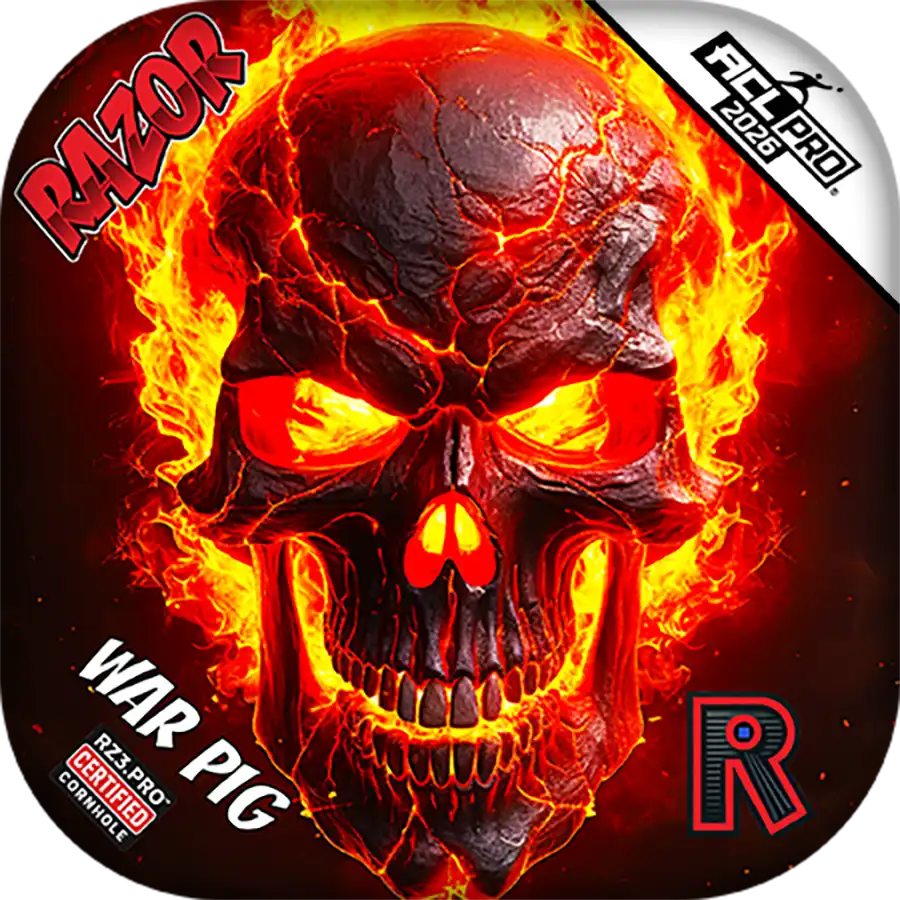Cornhole bags with a fiery skull design and Razor branding