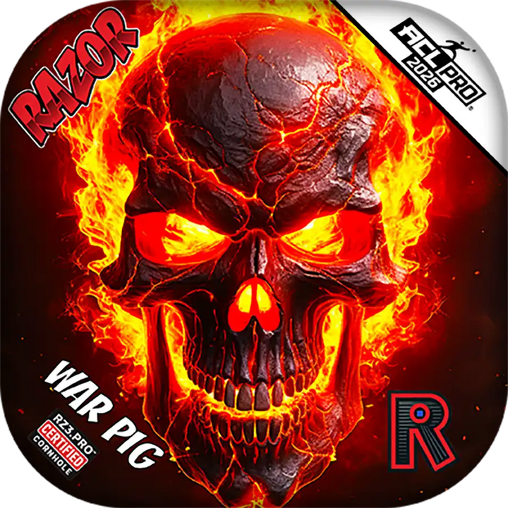Cornhole bags with a fiery skull design and Razor branding