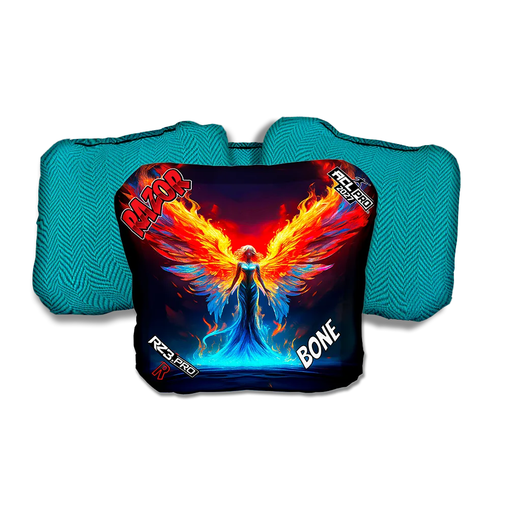 Bone PRO Flame Angel Teal Back Cornhole Bags