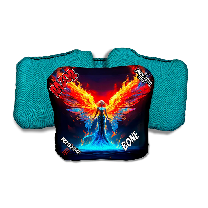 Bone PRO Flame Angel Teal Back Cornhole Bags