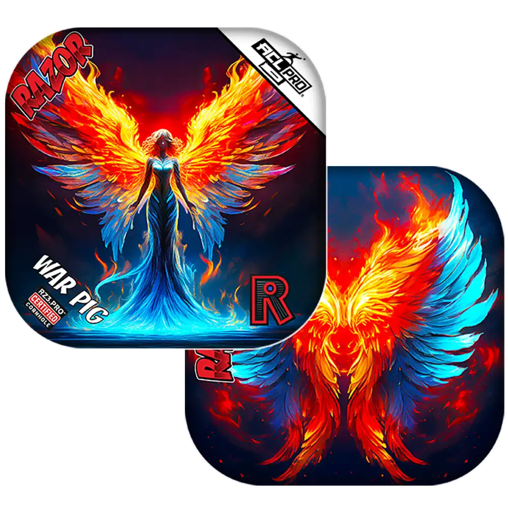 Fantasy-themed Cornhole bags with an angel and fiery wings, featuring the brand 'Razor'.