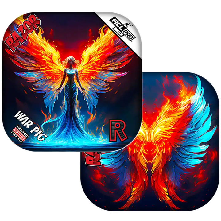 Fantasy-themed Cornhole bags with an angel and fiery wings, featuring the brand 'Razor'.