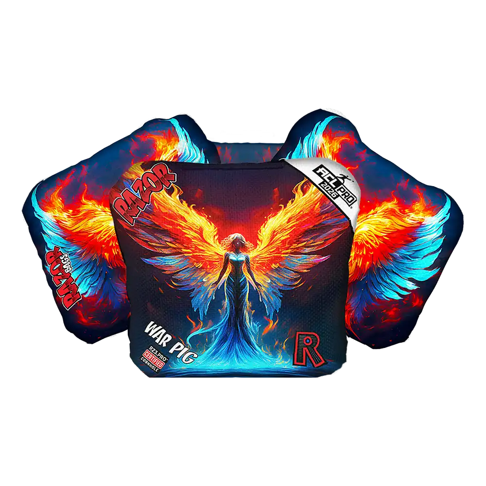 Colorful Cornhole bags with angel design and branding on a white background