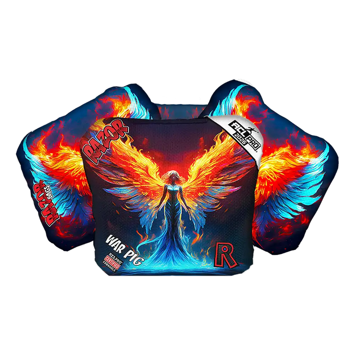 Colorful Cornhole bags with angel design and branding on a white background