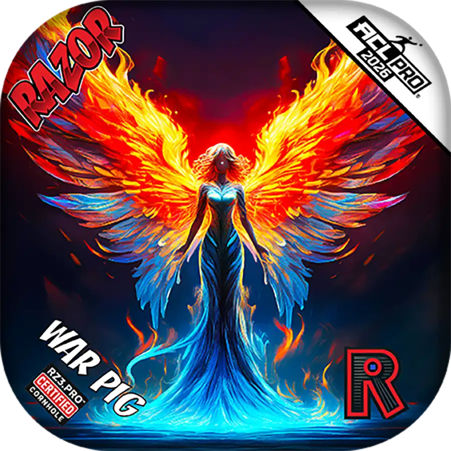 Cornhole bags with a fantasy design featuring a angel with colorful wings and 'Razor' branding.