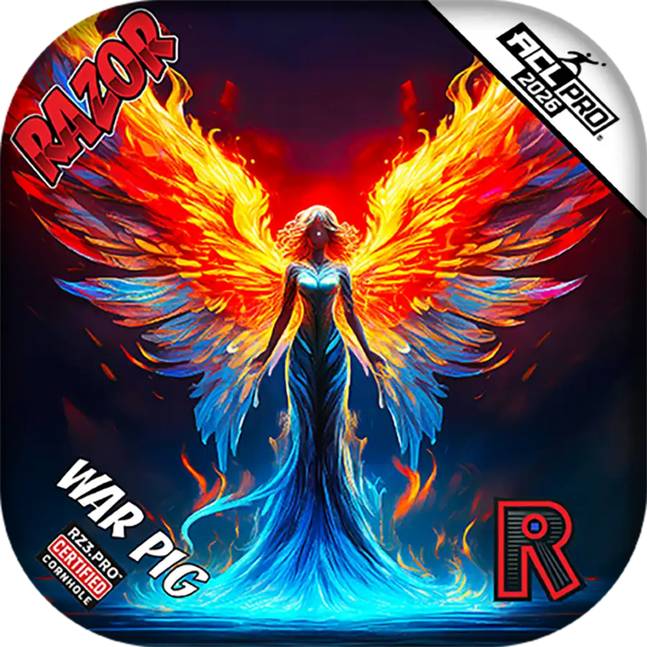 Cornhole bags with a fantasy design featuring a angel with colorful wings and 'Razor' branding.