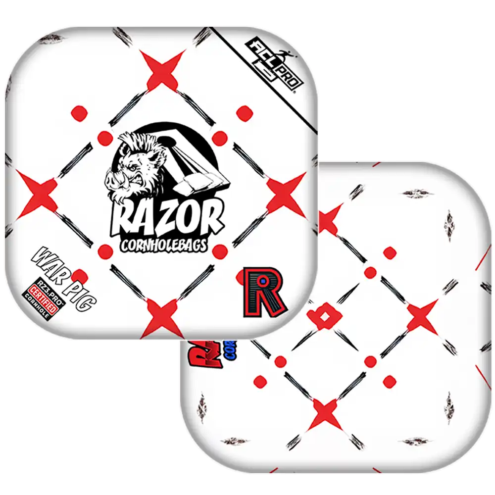 Cornhole bags with a red and black pattern on a white background