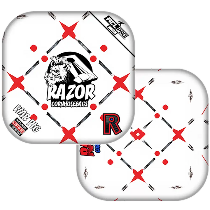 Cornhole bags with a red and black pattern on a white background
