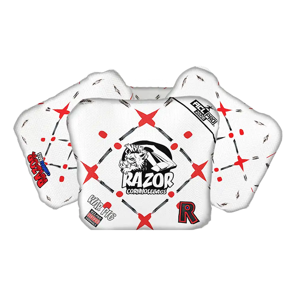 White Cornhole bags with red accents and logos on a white background