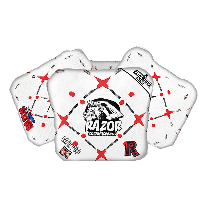 White Cornhole bags with red accents and logos on a white background