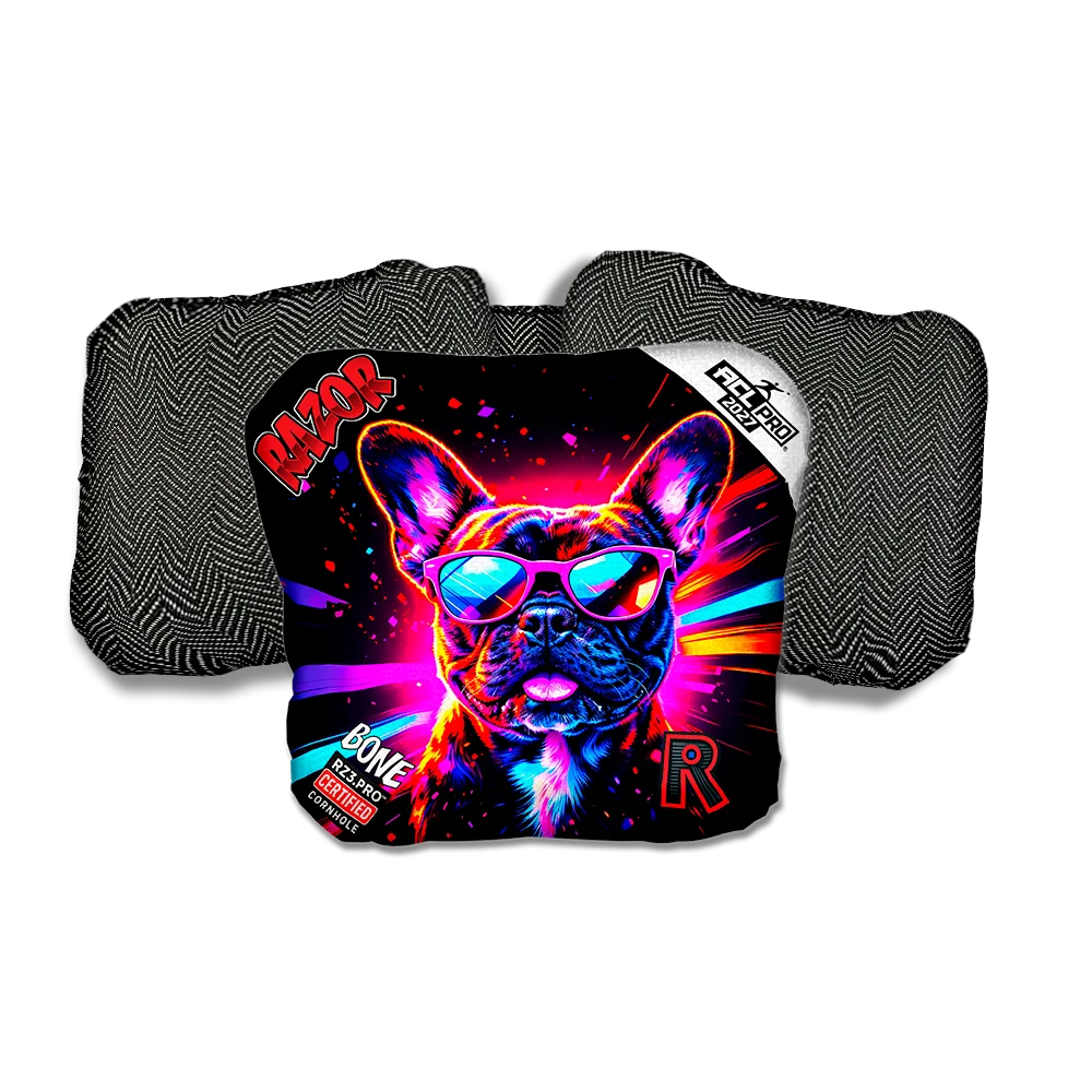 Bone PRO Frenchie Party Animals Black Back Cornhole Bags
