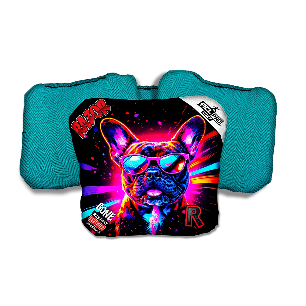 Bone PRO Frenchie Party Animals Teal Back Cornhole Bags
