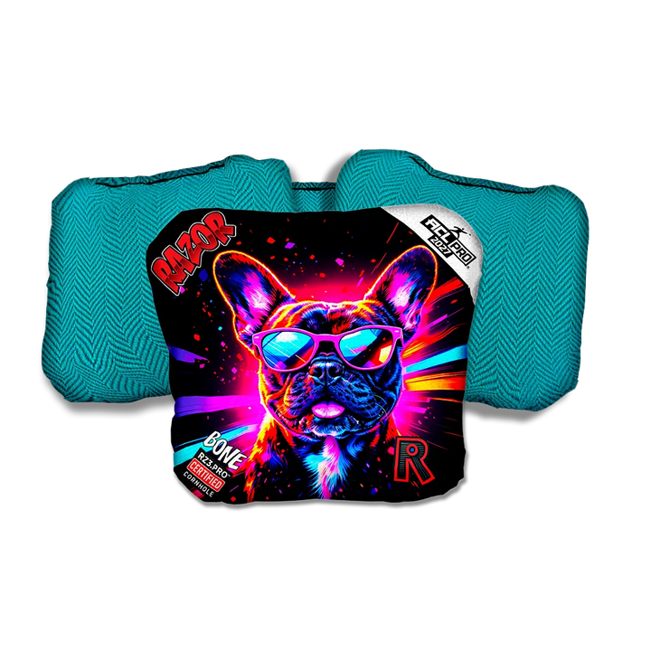 Bone PRO Frenchie Party Animals Teal Back Cornhole Bags