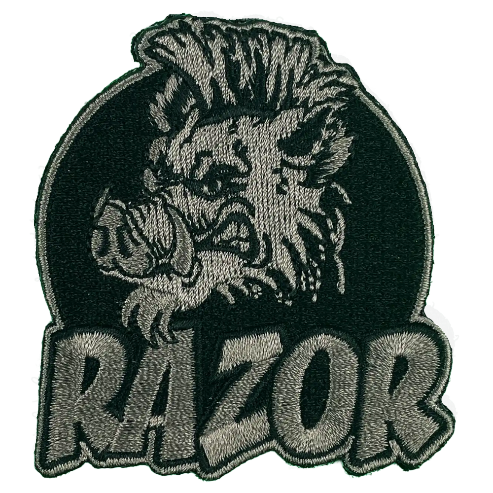 Embroidered patch with a Boar head design and the word 'RAZOR' on a black background