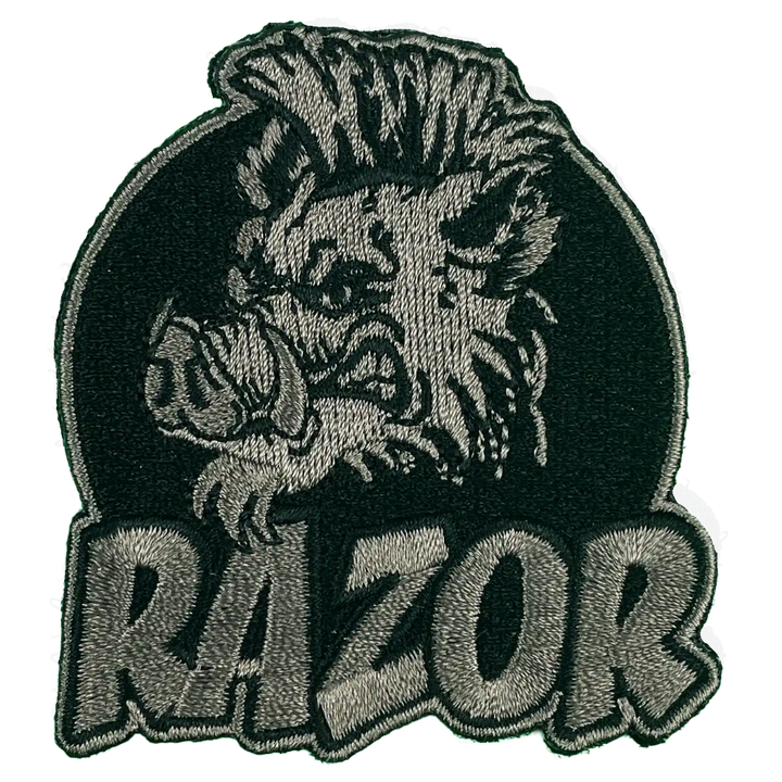 Embroidered patch with a Boar head design and the word 'RAZOR' on a black background