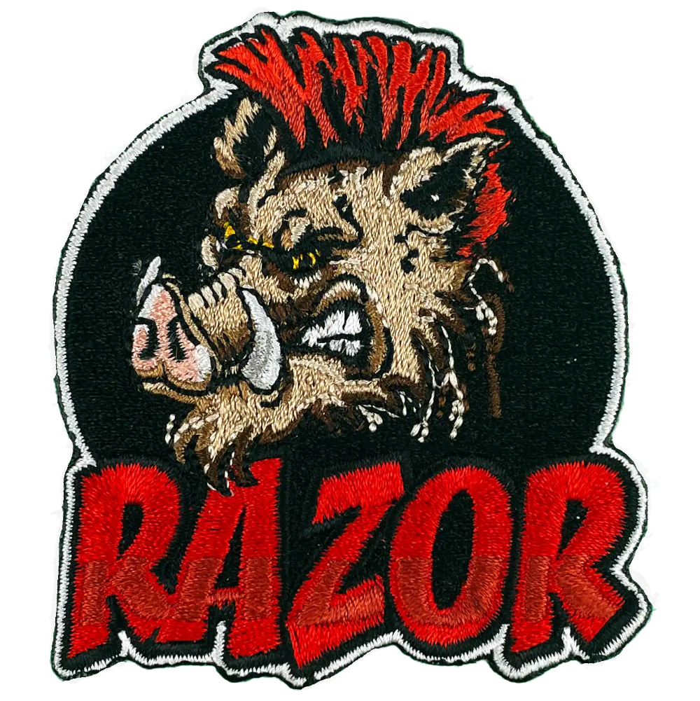 Patch with a boar's head and 'RAZOR' text on a black background