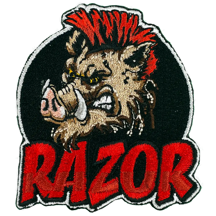 Patch with a boar's head and 'RAZOR' text on a black background